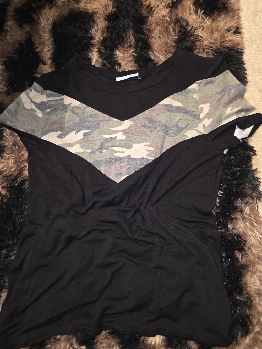 Black Short Sleeve Tee with Camo Chevron Accent - Women